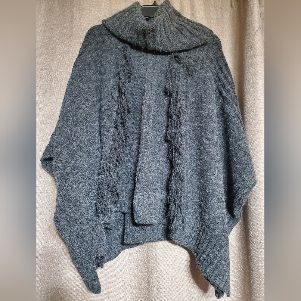 Look by M Charcoal Grey Cowl neck Cape knitted Poncho Sweater wool blendO/S